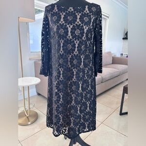 Jessica Howard Black Lace with Nude Lining 3/4 Sleeve Cocktail Dress